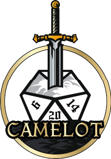 Logo Camelot Games con espada enterrada en dado de 20 caras
