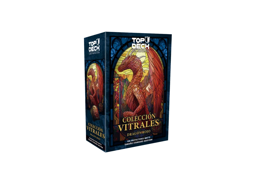 Caja con 100 protectores Top Deck vitrales Dragón Rojo
